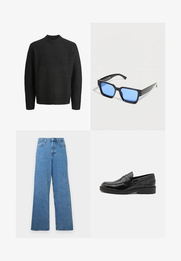 Sort strikket crewneck-sweater med lange ærmer og ribbede manchetter og kant, vist på hvid baggrund.; Blå højhalset vidbenede denimjeans med forreste knap, lynlås, bæltestropper samt for- og baglommer.; Sorte læder loafers med en glat finish, rund tå, lav hæl og dekorativ syning langs forsiden. Gummisål for godt greb.; Sorte rektangulære solbriller med blåtonede linser, set i skrå vinkel på hvid baggrund.