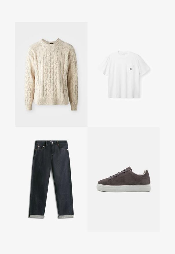 Cremfarbener Kabelstrickpullover mit Rundhalsausschnitt, strukturiertem Muster und gerippten Bündchen und Saum. Hergestellt aus weicher, dicker Wolle.; Weißes T-Shirt mit kurzen Ärmeln und Rundhalsausschnitt, mit einer Brusttasche, die ein kleines schwarzes Logo und den Markennamen auf der Tasche trägt.; Dunkelblaue Denim-Jeans mit umgeschlagenen Bündchen, fünf Taschen und kontrastierender Naht, flach auf weißem Hintergrund liegend.; Graue Wildleder-Sneaker mit weißer Gummisohle, runder Zehenpartie, flachem Schnürverschluss und minimalistischem Design.