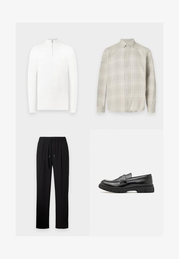 Pull à col zippé blanc avec des manches longues, fabriqué à partir d'un tissu lisse. Il présente un design minimaliste avec des poignets et un ourlet côtelés.; Chemise boutonnée à carreaux beige et blanc cassé avec des manches longues et un col boutonné, présentée sur un fond blanc.; Pantalons noirs avec une taille élastique et un cordon de serrage. Texture lisse, design à jambe droite, sans motifs visibles ni détails en métal.; Mocassin en cuir noir avec une large sangle sur le devant, semelle en caoutchouc à épaisse rainure, et texture lisse. Design classique et élégant.