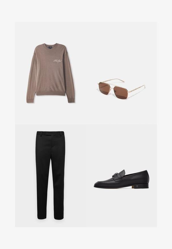 Brun strikket sweater med lange ærmer og rund hals. Har et lille broderet logo på brystet samt ribbede manchetter ogkant.; Sorte bukser lavet af glat stof, med lige snit, bæltestropper og sidelommer. Designet er minimalistisk uden synlige mønstre.; Sort læderloafer med en metal kædedetalje foran og en lav stablet hæl med et lille dekorativt emblem.; Brune solbriller med en guldfarvet metalramme, rektangulære linser og detaljerede stel-accenter. Har et minimalistisk geometrisk design.
