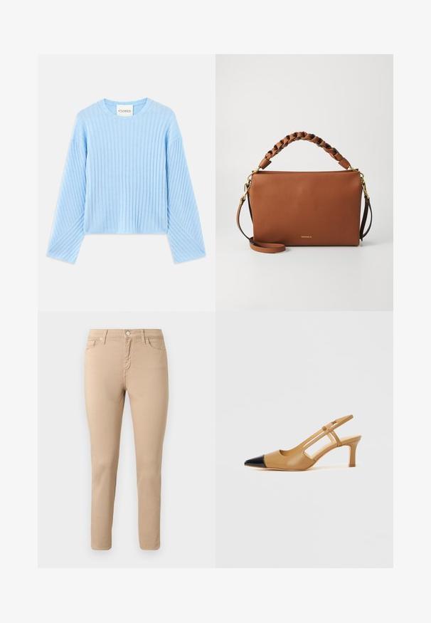 Hellblauer gerippter Pullover mit rundem Halsausschnitt und langen Ärmeln, der ein strukturiertes Muster und einen verkürzten Schnitt aufweist. Markenlabel innen sichtbar.; Beige Slim-Fit-Hose mit vorderem Knopf, Reißverschluss, Gürtelschlaufen und fünf Taschen, dargestellt vor einem einfarbigen hellen Hintergrund.; Beige Slingback-Absatzschuhe mit einer spitzen schwarzen Zehenkappe, ausgeschnittenen Seiten und einem mittelhohen Blockabsatz. Glattes Leder.; Braune Ledertasche mit strukturierter Oberfläche, geflochtenem Obergriff, goldfarbener Hardware und verstellbarem Schulterriemen. Minimalistisches Design.