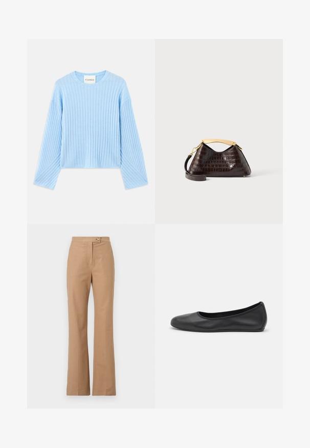 Suéter de canalé azul claro con cuello redondo y mangas largas, que presenta un patrón texturizado y un corte cropped. Etiqueta de la marca visible en el interior.; Pantalones de vestir beige con una silueta acampanada, hechos de una tela suave, que presentan un cierre frontal con botón y dos bolsillos laterales.; Bailarina de piel negra con punta redondeada, textura suave, detalle de costura minimalista y diseño de suela flexible.; Bolso de mano de color marrón oscuro con estampado de cocodrilo, asa superior curvada en tono dorado y correa de hombro desmontable sobre fondo blanco.