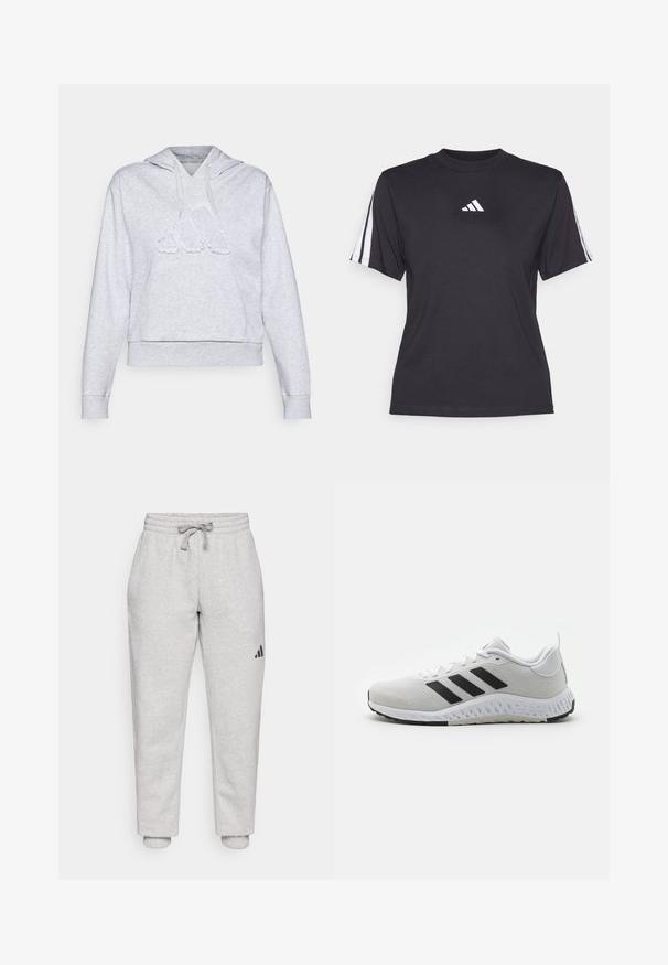Hall grey kapuutsiga särgid, mis on valmistatud pehmest puuvillasegust, esiküljel on suur reljeefne logo ja avar esikott.; Must maal sport särk pehmest kangast, millel on ümmargune kaelus, lühikesed varrukad ja iga õla peal kolm valget triipu. Valge logo rinnal.; Heledad hallid dressipüksid, millel on elastne vöökoht ja nöör. Kääritud pahkluud. Must logo detail vasakul põlvel. Pehme puuvillane materjal.; Valge spordijalats mustade triipudega, võrkkattega ülemine osa, kummist tald ja tekstuuriga aktsendid. Omab ümarat varbaosa ja polsterdatud krae.