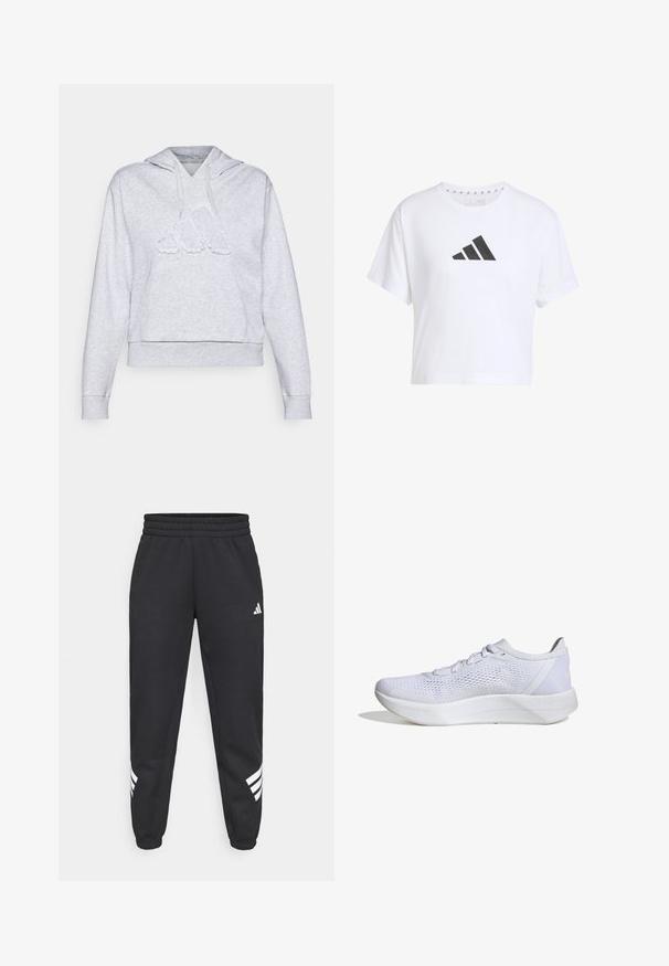 Grijze hoodie gemaakt van een zachte katoenmix, met een groot, gestructureerd logo op de voorkant en een ruime buidelzak aan de voorkant.; Witte cropped t-shirt van katoen met een zwart logo met drie strepen aan de voorkant, met korte mouwen en een ronde halslijn.; Zwarte sweatpants met een elastische tailleband, taps toelopende benen en een wit drie-strepenontwerp aan de zijkanten. Gemaakt van zachte stof.; Witte sportieve schoen met een ademend mesh bovenwerk, vetersluiting, gevoerde kraag en een gestructureerde rubberen zool voor grip.
