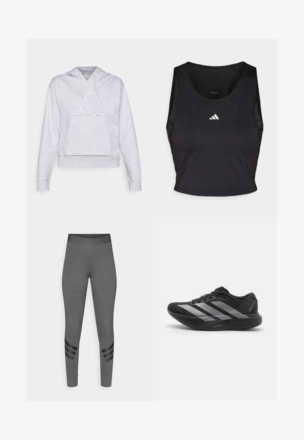 Šedá mikina s kapucňou vyrobená z mäkkého bavlneného zmesi, s veľkým textúrovaným logom na prednej strane a priestrannou prednou kapsou.; Čierny športový crop top vyrobený z látky odvádzajúcej vlhkosť, s okrúhlym výstrihom, bez rukávov a bielym logom na hrudníku.; Sivé legíny s hladkou textúrou, vysokým elastickým pásom a čiernymi pruhmi na dolných častiach nôh.; Čierne bežecké topánky so striebornými pruhmi, s hrubou polstrovanou podrážkou označenou "Lightstrike Pro," bočný pohľad na bielom pozadí.