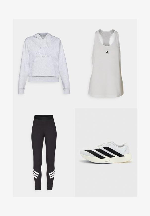 Hall grey kapuutsiga särgid, mis on valmistatud pehmest puuvillasegust, esiküljel on suur reljeefne logo ja avar esikott.; Valge sportlik tank-top, mis on valmistatud kergest kangast, millel on jooksjakraega disain ja väike must logo rinna kohal.; Mustad venitusmaterjalist mustad retuusid, millel on lai vöökoht ja kolm valget horisontaalset triipu alumiste jalgade lähedal.; Valge jooksujalanõu musta kolme triibu disainiga küljel ja paksu valge tallaga, millel on silt "Lightstrike Pro" ühtlasel taustal.