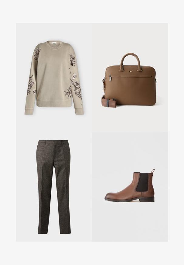 Sweat-shirt beige à manches longues avec col et poignets côtelés, orné de motifs floraux brodés en marron foncé et blanc sur les manches et les épaules.; Pantalon en laine gris foncé à jambes droites, avec passants de ceinture, poches avant et coupe ajustée.; Bottines Chelsea en cuir marron avec une finition texturée, des panneaux latéraux élastiques et une languette. Elles disposent d'une semelle en caoutchouc pour une meilleure adhérence.; Mallette en cuir marron avec poignées supérieures, poche avant zippée et bandoulière assortie amovible sur fond blanc.