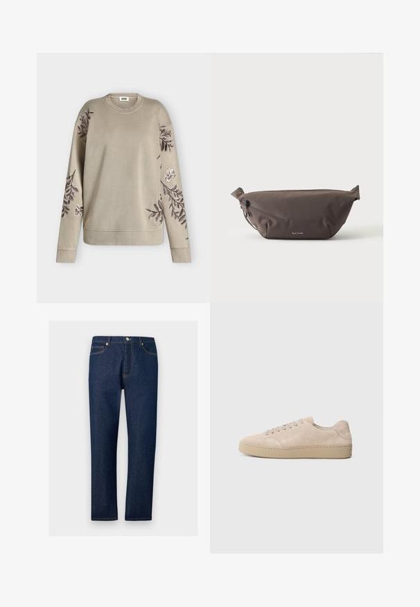 Sweat-shirt beige à manches longues avec col et poignets côtelés, orné de motifs floraux brodés en marron foncé et blanc sur les manches et les épaules.; Jean droit en denim bleu foncé avec poches avant et arrière, passants pour ceinture et fermeture par bouton à la taille.; Baskets en daim beige avec un bout rond, des lacets plats et une semelle en caoutchouc texturé. Design minimaliste avec des bords lisses et des coutures discrètes.; Sac banane en tissu marron foncé avec poche zippée en diagonale et petit logo blanc sur le devant, sur un fond clair uni.