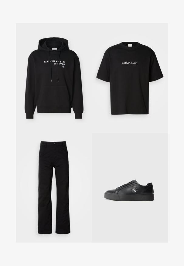 Sweat-shirt à capuche noir avec poche avant, cordons de serrage et texte blanc « CALVIN KLEIN EST 1968 cK » imprimé sur la poitrine.; T-shirt en coton noir à manches courtes, présentant un logo "Calvin Klein" blanc sur le devant et un col rond classique.; Pantalons en coton noir avec une coupe droite, dotés d'une fermeture à bouton et de passants de ceinture. Texture lisse et style minimaliste sans motifs visibles.; Baskets en cuir noir avec un bout arrondi, semelle plate noire et lacets ton sur ton. Présente un logo argenté sur le côté, texture lisse sur l'ensemble.