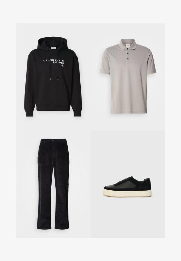 Sweat-shirt à capuche noir avec poche avant, cordons de serrage et texte blanc « CALVIN KLEIN EST 1968 cK » imprimé sur la poitrine.; Polo gris à manches courtes en tissu lisse, avec un col classique et trois boutons noirs. Motif à côtes verticales subtil sur l'ensemble.; Pantalon en velours côtelé noir foncé avec une coupe droite, doté d'une fermeture à boutons, de passants pour ceinture et de poches latérales pour un port fonctionnel.; Sneaker noir avec une combinaison de cuir et de suède, bout rond, lacets ton sur ton et une semelle en caoutchouc blanc épaisse. Détail subtil du logo sur le côté.