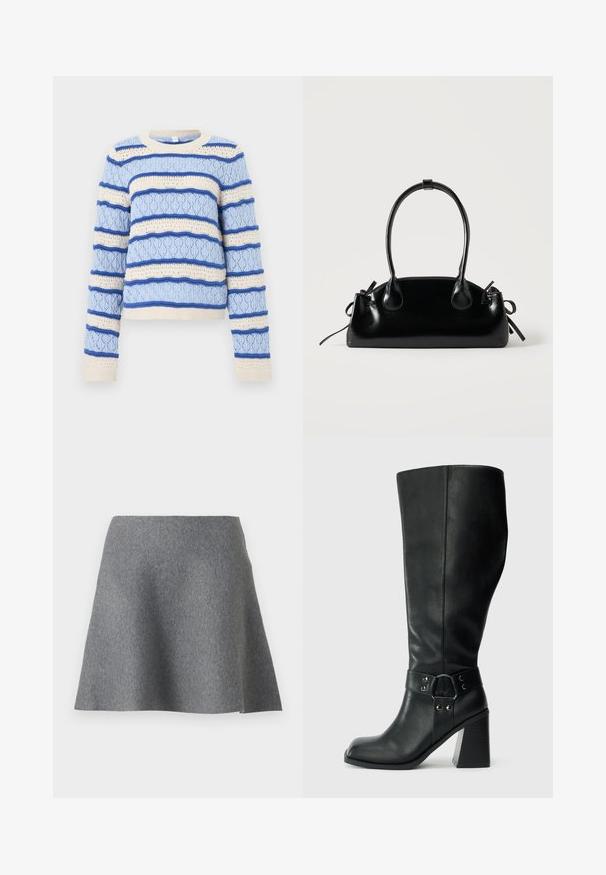 Pull tricoté bleu clair et crème à rayures horizontales texturées et manches longues, avec un col rond et des poignets et ourlet côtelés.; Jupe évasée grise en tissu texturé et doux. Elle présente un design simple avec une taille haute et une finition lisse.; Bottes en cuir noires arrivant au genou, avec un bout carré, un large talon et une sangle décorative avec des accents métalliques autour de la cheville. Texture lisse.; Petit sac à main noir brillant avec deux longues anses et des détails à cordon sur les côtés sur un fond clair uni.