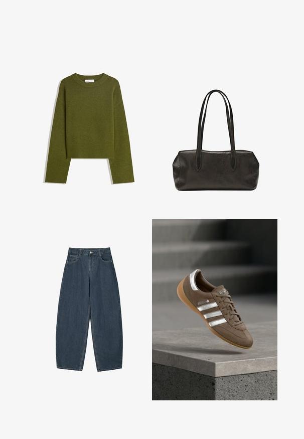 Pull en maille vert olive avec col rond, manches longues et ourlet côtelé. Présente un design court avec une finition douce et texturée.; Jeans en denim bleu foncé à jambes larges avec une taille haute, dotés de cinq poches et de détails de couture visibles. Design épuré et minimal.; Baskets en daim marron avec des rayures blanches et des accents argentés, dotées d'une tige texturée, d'un système de laçage et d'une semelle en caoutchouc gomme.; Sac à main rectangulaire en cuir noir avec longues bretelles doubles et finition texturée, présenté sur un fond blanc uni.