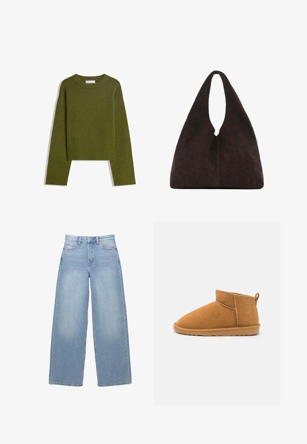 Pull en maille vert olive avec col rond, manches longues et ourlet côtelé. Présente un design court avec une finition douce et texturée.; Jean large bleu clair fabriqué en denim. Doté d'une taille haute, de poches avant et d'une fermeture à boutons. Texture lisse avec un léger délavage.; Bottine en daim beige avec un bout arrondi, des accents cousus et une languette en boucle au talon. Semelle en caoutchouc plate pour plus de stabilité.; Sac à bandoulière triangulaire marron foncé doux avec une poignée large unique en haut et une texture de surface lisse.