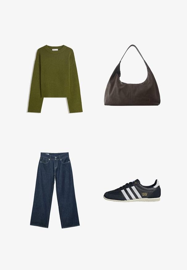 Pull en maille vert olive avec col rond, manches longues et ourlet côtelé. Présente un design court avec une finition douce et texturée.; Jeans en denim bleu foncé à jambes larges avec fermeture à double bouton, poches avant et surpiqûres contrastantes sur fond blanc.; Baskets en cuir noir avec trois rayures blanches, une finition texturée, un logo doré "adidas JAPAN" et une semelle en caoutchouc avec un motif de grip.; Sac à main hobo en cuir souple marron foncé avec une large bandoulière unique et un détail subtil de couture centrale sur fond blanc.