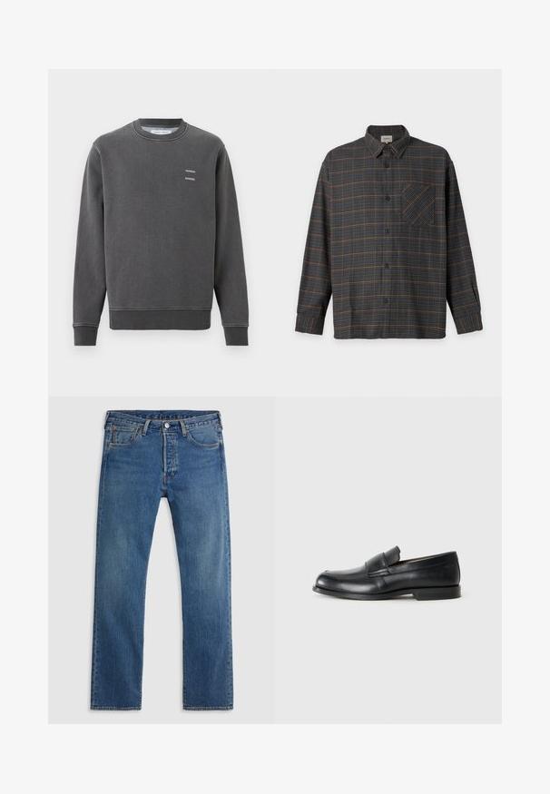 Sweat-shirt gris foncé à col rond avec poignets et ourlet côtelés, présentant un petit texte blanc "SAMSOE SAMSOE" sur la poitrine gauche.; Chemise à manches longues boutonnée avec motif à carreaux foncés bleu marine et marron, avec poche poitrine et col classique sur fond uni.; Jean en denim bleu à jambe droite avec cinq poches, passants de ceinture, et une fermeture avant à bouton et fermeture éclair sur fond uni.; Mocassins en cuir noir avec un bout rond, des détails cousus et une semelle en caoutchouc plate. Présentent une large bande sur le cou-de-pied.