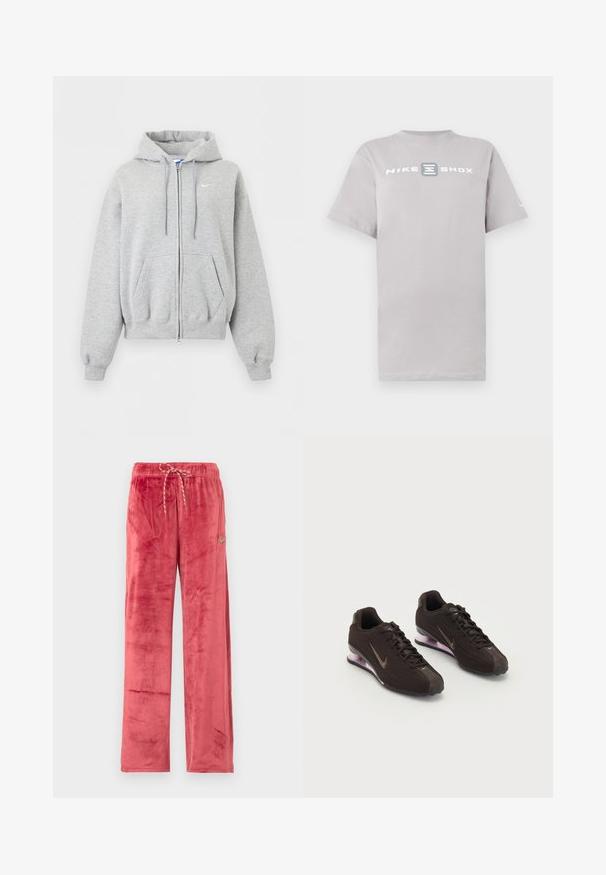 Light gray zip-up hoodie with front pockets, drawstring hood, ribbed cuffs and hem, and small white Nike logo on the chest.; Light gray cotton t-shirt featuring a round neck and short sleeves, with "NIKE SHOX" printed in bold white letters across the chest.; Red velour wide-leg pants with drawstring waist and small Nike swoosh logo on left thigh, displayed on plain background.; Black athletic shoes with a textured upper, brown accents, and a purple air-cushioned sole. Laced design with prominent branding.