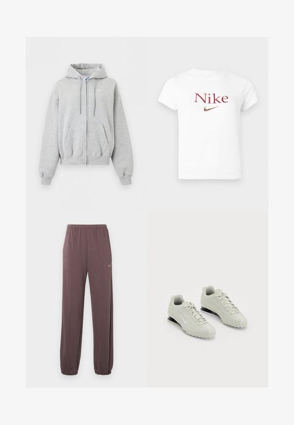 Light gray zip-up hoodie with front pockets, drawstring hood, ribbed cuffs and hem, and small white Nike logo on the chest.; White short-sleeve t-shirt with red "Nike" text and a leopard print Nike swoosh logo centered on the chest.; Brown elastic-waist sweatpants with side seams, elastic cuffs, and a small white Nike logo on the upper left thigh.; White Nike sneakers with a textured upper, featuring a smooth toe cap and black cushioning accents. Lace-up style with a reinforced heel.