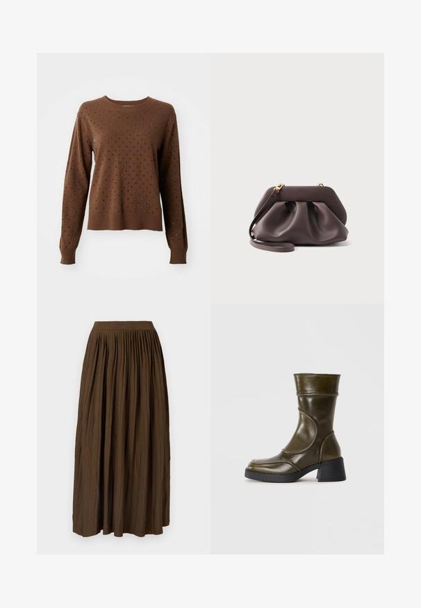 Pull en maille marron à manches longues orné de petits rivets noirs et argentés, répartis uniformément sur le devant et les manches.; Jupe maxi plissée marron avec une large ceinture élastique et un tissu texturé, présentant des plis verticaux pour plus de détail et de fluidité.; Bottine en cuir vert olive avec un bout arrondi, un panneau élastique et un talon épais noir. Texture lisse et détails de couture subtils.; Pochette en cuir souple marron foncé avec ferrures dorées et bandoulière amovible, présentant un design froncé et plissé sur un fond uni.