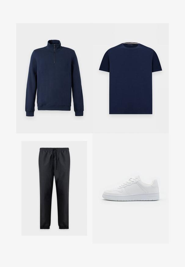 Pull-over à manches longues bleu marine avec un col montant et une fermeture éclair quart de devant.; T-shirt bleu marine à manches courtes avec col rond, tissu subtilement texturé et petit logo brodé sur la poitrine, posé à plat sur fond blanc.; Pantalon décontracté noir avec ceinture élastique et cordon, jambes fuselées avec poignets élastiques, présenté sur fond uni.; Baskets blanches en matière synthétique lisse, avec des lacets plats, une pointe perforée et une semelle en caoutchouc dotée d'un motif de grip texturé.