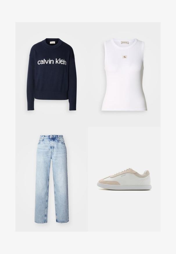 Marineblå pullovertrøje med et hvidt "calvin klein" logo tværs over brystet, ribbede ærmer og kant, fremstillet af et blødt strikmateriale.; Hvid ribbet ærmeløs top med Calvin Klein Jeans-mærke på brystet og indvendig nakkemærke.; Lyseblå højtaljede jeans med løs pasform, der har lige ben, fem lommer og en klassisk knap- og lynlåslukning.; Hvide lædersneakers med beige ruskindsdetaljer og hvide snøringer. Har en rund tå og en polstret sål for komfort.