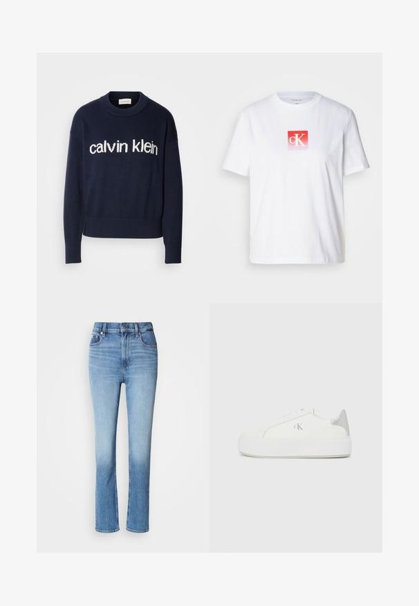 Námornícky pulóver s bielym logom "calvin klein" na hrudi, so žebrovanými manžetami a lemom, vyrobený z mäkkej pleteniny.; Biele bavlnené tričko s červeným štvorcovým logom s bielymi písmenami "cK". Krátke rukávy a okrúhly výstrih. Hladká textúra.; Modré denimové džínsy s vysokým pásom, priamym strihom, vyblednutým farebným prechodom a piatimi vreckami. Kovový gombík a zips na zapínanie.; Biele plátené tenisky s hrubou bielou podrážkou, so strieborným kovovým akcentom na päte a jemným logom na boku.