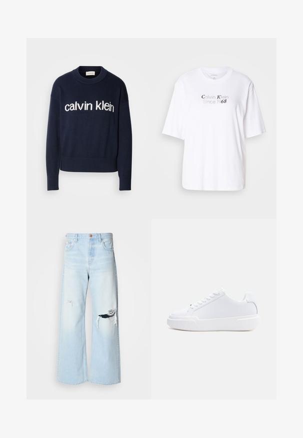 Námornícky pulóver s bielym logom "calvin klein" na hrudi, so žebrovanými manžetami a lemom, vyrobený z mäkkej pleteniny.; Biela bavlnená tričko s okrúhlym výstrihom a krátkymi rukávmi. Na prednej strane je umiestnený šedý nápis "Calvin Klein Since 1968".; Svetlomodré široké džínsy vyrobené z denimovej látky, so zvýšeným pásom, veľkými trhlinami na kolenách a klasickým dizajnom s piatimi vreckami a medenými kovovými prvkami.; Biely nízky topánok s viazaním na šnúrky, hrubou podrážkou a hladkým zvrškom, zobrazený z vonkajšej strany na jednoduchom svetlom pozadí.
