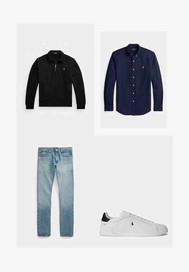 Black pullover sweatshirt with a quarter zipper, ribbed cuffs and hem, featuring a small embroidered gold logo on the left chest.; Navy blue long-sleeve button-up shirt with button-down collar and small yellow Polo Ralph Lauren logo on the left chest.; Light blue straight-leg denim jeans with five pockets, button closure, and subtle faded detailing around the thighs and knees.; White low-top sneaker with black heel tab, laces, and Polo Ralph Lauren logo on the side, featuring embossed sole details.