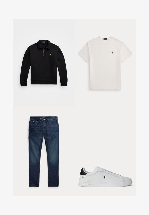 Sort pullover sweatshirt med en kvart lynlås, ribbede manchetter og kant, der har et lille broderet guld logo på venstre bryst.; Hvid kortærmet rundhalset t-shirt med et lille mørkeblåt polospillerlogo på venstre bryst.; Mørkeblå denimjeans med fem lommer, lynlås og knaplukning, lagt fladt på en hvid baggrund.; Hvid lavtop sneaker med sort hælfane, snørebånd og Polo Ralph Lauren-logo på siden, med præget såldetaljer.