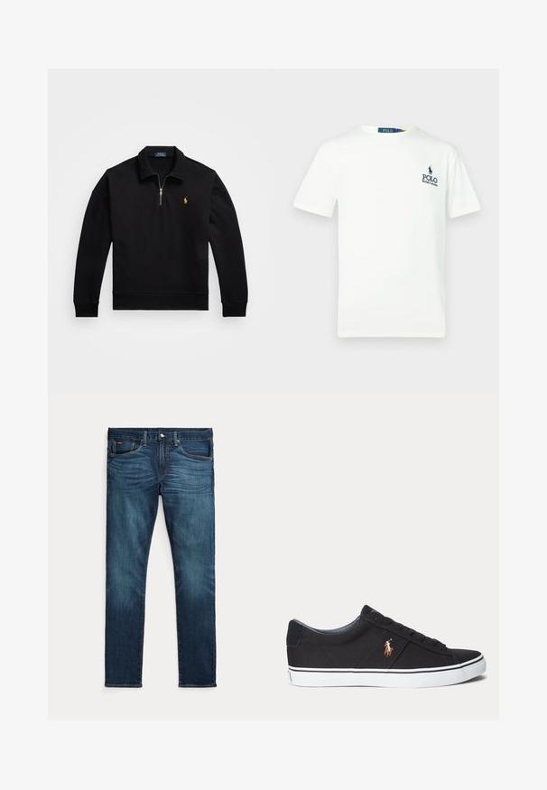 Must mustriita, millel on neljandikriipsuga tõmblukk, ribbelised varrukate ja alumise osa ääred, millel on väike tikandiga kuldne logo vasakul rinnal.; Valge puuvillane t-särk, millel on ümmargune kaelus, lühikesed varrukad ja sinine "POLO Ralph Lauren" logo vasakul rinnal.; Tumesinised kitsad teksad esiküljel nööbi ja tõmblukuga, viie taskuga ning peene tuhmumisega reite ja põlvede eesosas.; Must madala säärega toss valge tallaga ja külje peal tikitud polo mängija logoga, paeltega kinnitusega ja tekstureeritud kangast pealiskihiga.