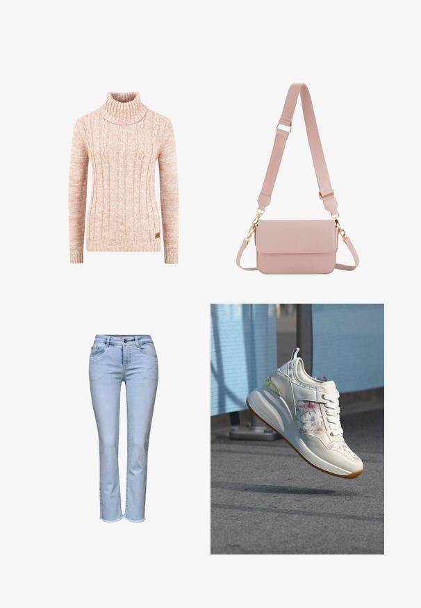 Gebreide coltrui in zacht perzik met een gestructureerd kabelpatroon, lange mouwen en een geweven merklabel aan de zoom.; Lichtblauwe slim fit jeans met voor- en achterzakken, knoopsluiting, ritssluiting en rafelige zomen.; Witte sneaker met bloemenpatroon en dikke zool zweeft boven asfalt met blauwe stof en metalen paal op de achtergrond.; Roze crossbodytas met verstelbare brede riem en goudkleurige accessoires, voorzien van een klep en een gestructureerde afwerking.