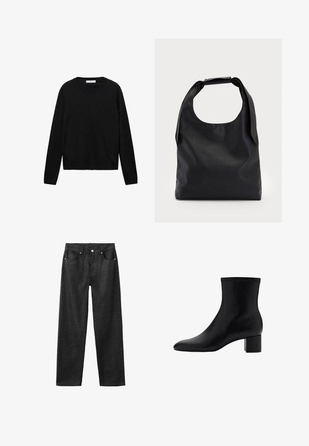 Pull noir à manches longues en matière douce avec un col rond et des poignets côtelés, présentant un design simple et droit.; Pantalons en denim noir avec une coupe droite, comprenant cinq poches, des accessoires en métal argenté et une texture lisse.; Bottine en cuir noir avec un bout pointu et un talon bloc. Surface lisse avec des détails de couture subtile autour du bord supérieur.; Sac à main en cuir noir avec une grande ouverture sur le dessus et une seule bandoulière. Texture douce, design minimaliste, avec des accents métalliques discrets.