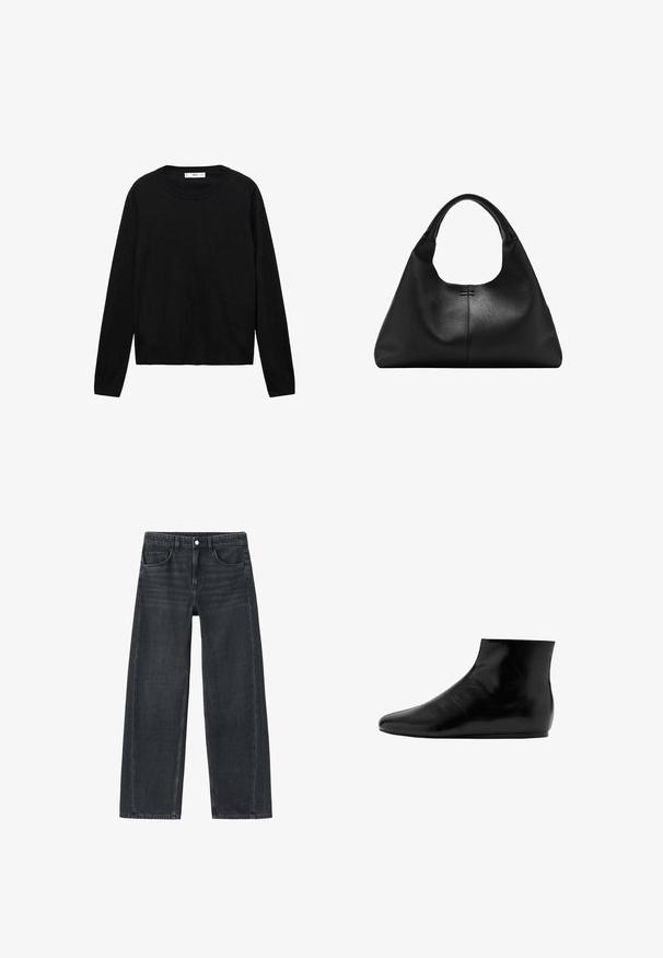 Pull noir à manches longues en matière douce avec un col rond et des poignets côtelés, présentant un design simple et droit.; Jean large en jean gris foncé. Comprend des poches avant et un design classique à cinq poches. Braguette à boutons et détails d'effacement subtils.; Bottine en cuir noir avec une surface lisse, semelle plate, bout rond et un design minimaliste.; Sac à main en cuir noir texturé avec une base large et des anses épaisses et arrondies, présentant une couture verticale centrale et des détails de surpiqûres subtils.