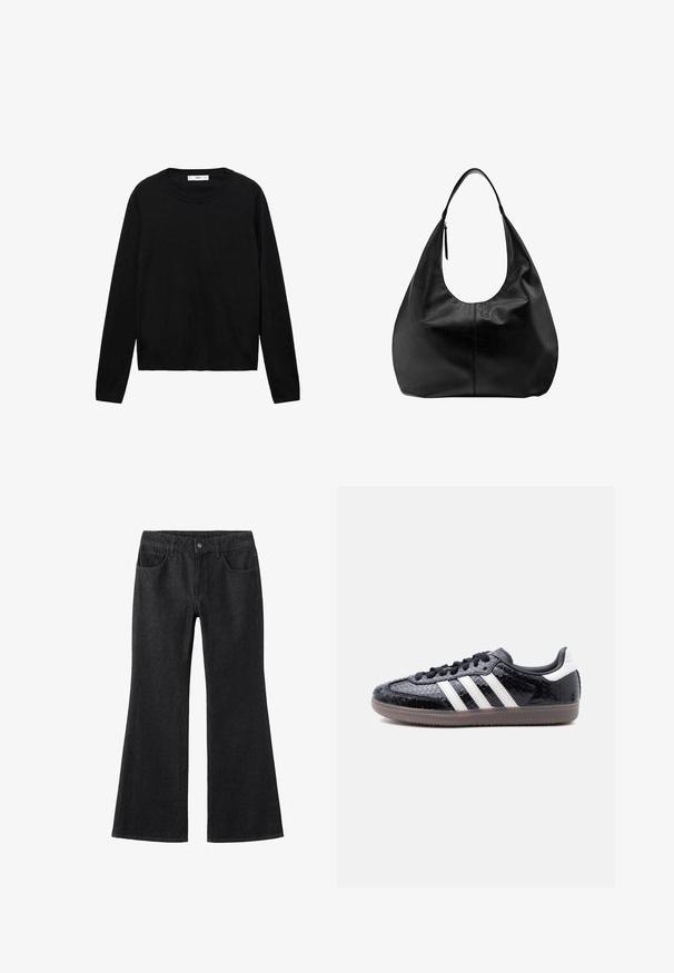 Sort langærmet sweater lavet af blødt materiale med rund hals og ribbede manchetter, med et enkelt og lige snit design.; Sorte denim flared jeans med høj talje, fem lommen design, kontrast syninger og klassisk knaplukning.; Lavprofils sort sneaker med tekstureret slangeskindsmønster, hvide striber på siden, sorte snørebånd og en gennemsigtig brun sål.; Sort læder slouchy hobo-håndtaske med en enkelt bred rem og en lynlåsdetalje på en ensfarvet hvid baggrund.