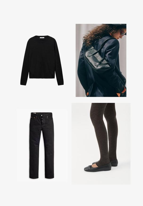 Sort langærmet sweater lavet af blødt materiale med rund hals og ribbede manchetter, med et enkelt og lige snit design.; Sorte denimjeans med lige pasform, fem lomme-design og knaplukning. Har kobbernitter og syningsdetaljer.; Ben iført mørke ribbede leggings kombineret med sorte balletsko med små sløjfedetaljer på hvid baggrund.; Kvinde med langt krøllet hår iført solbriller og en mørk habit med striber bærer en sort lædertaske over skulderen.