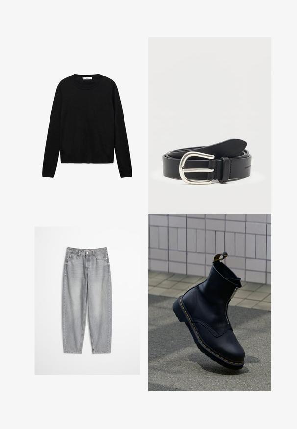 Sort langærmet sweater lavet af blødt materiale med rund hals og ribbede manchetter, med et enkelt og lige snit design.; Lysegrå denimjeans med høj talje, lige ben, fem lommer og en falmet finish, med synlige syninger og knaplukning.; Sort læderankelstøvle med lynlås i siden, tekstureret overflade, gule syninger som accent og en gummisål.; Sort læderbælte rullet med en sølv metal rundet spænde på en ens hvid baggrund.