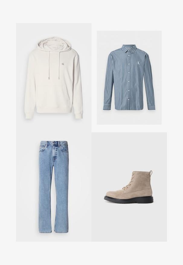 Sudadera con capucha de color beige claro, con un bolsillo tipo canguro, capucha ajustable con cordón, puños acanalados y un pequeño logotipo bordado en el pecho.; Camisa azul de manga larga con botones, con rayas blancas verticales y un pequeño logo blanco "CK" en el pecho izquierdo.; Jeans de mezclilla azul claro con un diseño de pierna recta, cinco bolsillos y cierre de botón. Detalles de costura cerca de los bolsillos y la cintura.; Botines de ante beige con suela de goma negra, diseño con cordones y un pequeño logotipo grabado en el lateral, que cuenta con una lengüeta en la parte posterior.