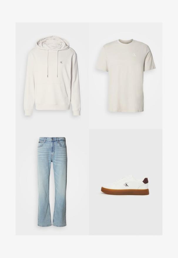 Sudadera con capucha de color beige claro, con un bolsillo tipo canguro, capucha ajustable con cordón, puños acanalados y un pequeño logotipo bordado en el pecho.; Camiseta beige de algodón con cuello redondo y mangas cortas, con pequeño logo blanco "cK" en el lado izquierdo del pecho.; Jeans de mezclilla azul claro con corte recto, que cuentan con cinco bolsillos, un cierre de botón y un ligero desvanecimiento en la tela.; Zapatillas blancas con suela de goma, cordones planos y acento de talón de gamuza marrón. Presenta un discreto logo "cK" en relieve en el lateral.