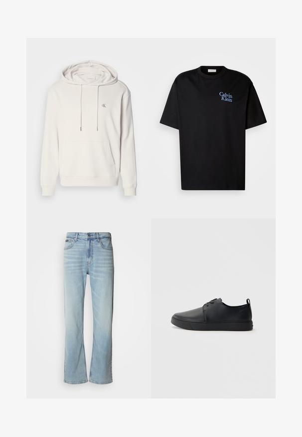 Sudadera con capucha de color beige claro, con un bolsillo tipo canguro, capucha ajustable con cordón, puños acanalados y un pequeño logotipo bordado en el pecho.; Camiseta de algodón negra con un corte relajado, que presenta mangas cortas y un logotipo bordado en azul de "Calvin Klein" en el pecho.; Jeans de mezclilla azul claro con corte recto, que cuentan con cinco bolsillos, un cierre de botón y un ligero desvanecimiento en la tela.; Zapatilla negra de cuero con acabado suave, punta redondeada, costuras a tono, cordones en la parte delantera y suela de goma plana. Asa en el talón.