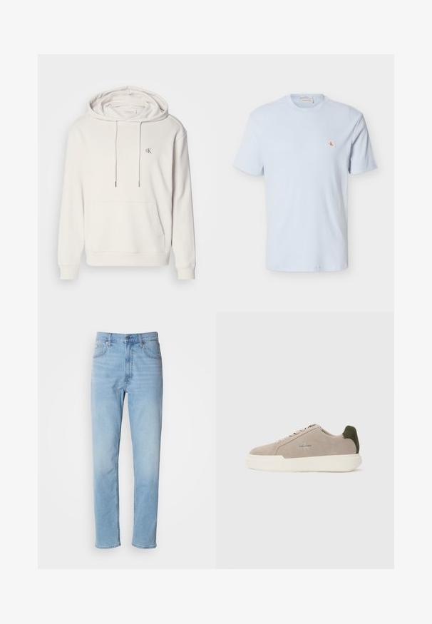 Sudadera con capucha de color beige claro, con un bolsillo tipo canguro, capucha ajustable con cordón, puños acanalados y un pequeño logotipo bordado en el pecho.; Camiseta de manga corta de color azul claro con tejido de gofre, cuello redondo y pequeño parche con el logo rojo "CK" en el pecho izquierdo.; Jeans de mezclilla azul claro con un corte recto, cinco bolsillos y trabillas para cinturón. La tela presenta una textura suave con un ligero efecto de desvanecimiento.; Zapatillas de piel de ante beige con suela de goma blanca, que presentan un acento en el talón de color verde oscuro y un sutil logo en el lateral.