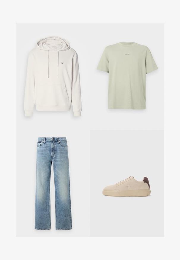 Sudadera con capucha de color beige claro, con un bolsillo tipo canguro, capucha ajustable con cordón, puños acanalados y un pequeño logotipo bordado en el pecho.; Camiseta de algodón verde clara con cuello redondo, mangas cortas y un pequeño logo de Calvin Klein en una tonalidad más oscura impreso en el pecho.; Vaqueros de mezclilla azul claro de corte recto con cintura alta, cinco bolsillos, cierre de botón y sutil desgaste en los muslos y las rodillas.; Zapatilla de ante beige con punta redondeada, cordones en la parte frontal y un acento de ante marrón en el talón. Cuenta con una suela de goma texturizada.