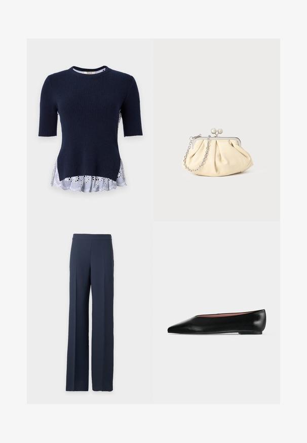 Jersey de marina con textura acanalada, de manga corta y un dobladillo de volantes en blanco y azul a rayas, que presenta recortes florales. Textura suave, diseño casual.; Pantalones de pierna ancha azul marino con cintura alta y frente limpio, mostrados sobre un fondo gris claro liso.; Zapato plano negro de cuero para mujer con punta puntiaguda y tacón bajo, mostrado de lado sobre un fondo liso gris claro.; Clutch de cuero beige plisado con un marco de metal plateado, que cuenta con dos broches decorativos redondos y una correa de cadena plateada.