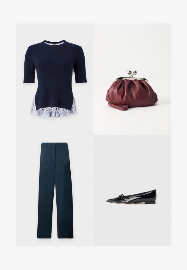 Jersey de marina con textura acanalada, de manga corta y un dobladillo de volantes en blanco y azul a rayas, que presenta recortes florales. Textura suave, diseño casual.; Pantalones de pierna ancha en azul marino con una textura suave, frente plano y trabillas para cinturón. Presentan un diseño minimalista y sin patrones o acentos visibles.; Zapato plano de charol negro con punta afilada, pequeña tira decorativa y tacón bajo. Textura suave y diseño elegante.; Pequeño bolso de mano de cuero burdeos con cierre metálico plateado y correa de muñeca sobre un fondo blanco.