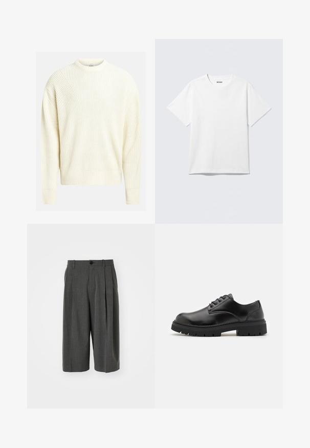 Pull en tricot crème clair avec une texture côtelée, un col rond et des épaules tombantes ; il présente une coupe décontractée et une couleur unie.; T-shirt blanc à manches courtes et col rond, étalé à plat, design uni, avec l'étiquette "WEEKDAY" à l'intérieur du col sur un fond clair.; Shorts larges à rayures gris avec fermeture à bouton et plissé à l'avant. Fabriqués à partir d'un tissu texturé, présentant un design ajusté.; Chaussures en cuir noir avec un bout rond, un laçage et une semelle en caoutchouc épaisse et texturée. Présente des coutures le long du bord et une finition lisse.