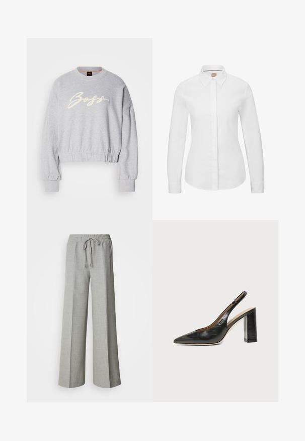 Grauer, verkürzter Pullover aus weichem Material, mit einem weißen, gestickten "Boss"-Logo auf der Vorderseite und elastischen Bündchen an den Ärmeln und am Saum.; Weißes Langarm-Hemd mit Knopfverschluss aus strapazierfähiger Baumwolle, klassischem Kragen, vorderem Knopfverschluss und taillierter Passform. Glatte Textur, ohne Muster.; Hellgraue Hosen mit weitem Bein, elastischem Bund und Kordelzug, Fronttaschen und einem dezenten strukturierten Stoff.; Schwarzer Leder-Slingback-Schuh mit spitzer Kappe, hohem Blockabsatz und beigegefüttertem Innenraum vor hellem, einfarbigem Hintergrund.