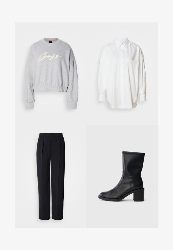 Sweatshirt court gris en tissu doux, présentant un logo "Boss" brodé en blanc sur le devant et des poignets élastiques aux manches et à l'ourlet.; Chemise blanche à manches longues, boutonnée, en coton, avec une poche sur le côté gauche de la poitrine et une coupe décontractée avec un ourlet courbé.; Pantalon droit noir sur mesure avec plis sur le devant, passants pour ceinture et fermeture éclair dissimulée sur un fond blanc.; Botte en cuir noir à cheville avec un bout rond, texture lisse et un talon épais, présentant un tige ajustée et un subtil détail de couture.