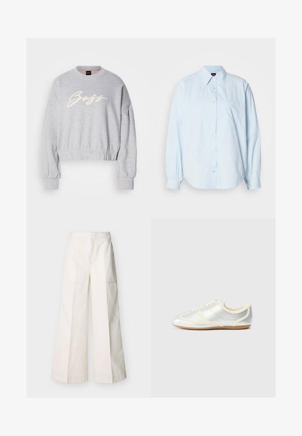 Grauer, verkürzter Pullover aus weichem Material, mit einem weißen, gestickten "Boss"-Logo auf der Vorderseite und elastischen Bündchen an den Ärmeln und am Saum.; Hellblaues, langärmliges Hemd aus Baumwolle mit Knopfleiste. Es hat einen Kragen, einen abgerundeten Saum und eine kleine Brusttasche mit gesticktem Logo.; Weite Hosen aus weißer Baumwolle mit Vordertaschen und detaillierten Nähten. Glatte Textur mit einem klaren, minimalistischen Design.; Silberne, synthetische Sneaker mit cremefarbenen Akzenten, flachem Profil, rundem Zehenbereich und flacher Gummisohle; verfügt über klassische Nahtdetails und Schnürverschluss.