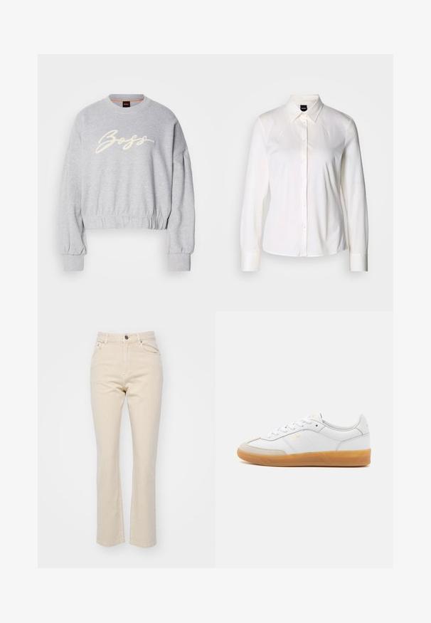 Grå cropped sweatshirt lavet af blødt stof, med et hvidt broderet "Boss" logo på fronten og elastiske manchetter ved ærmerne og kanten.; Hvid langærmet skjorte med knapper og klassisk krave lavet af blødt bomuldsstof, med en slim fit og et enkelt design uden mønstre.; Beige lige ben jeans lavet af denim, med en frontlukning med knap, to forreste lommer og en glat tekstur.; Hvide lædersneakers med beige ruskindsdetaljer, gummisål og snøredesign. Har diskret branding i guld.