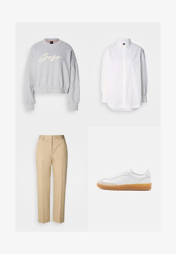 Sweatshirt court gris en tissu doux, présentant un logo "Boss" brodé en blanc sur le devant et des poignets élastiques aux manches et à l'ourlet.; Chemise blanche à manches longues en coton, dotée d'un col boutonné, de boutons sur le devant et d'une coupe décontractée avec des détails de couture subtils.; Pantalon beige à jambe droite avec passants pour ceinture, pli avant et fermeture dissimulée, présenté sur un fond clair.; Baskets en cuir blanc avec des accents en suédine beige, semelle en caoutchouc gomme et design à lacets. Présente un logo discret en doré.