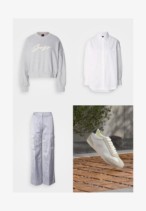 Grijze cropped sweatshirt van zacht materiaal, met een witte geborduurde 'Boss' logo aan de voorkant en elastische boorden aan de mouwen en onderkant.; Witte lange mouwen shirt van katoen, met een button-down kraag, knopen aan de voorkant en een ontspannen pasvorm met subtiele stikdetails.; Lichtgrijze wijde cargobroek van gladde stof, met zijzakken, een getailleerde tailleband en geen zichtbare sluitingen of ritsen.; Witte en beige casual sneaker met zwarte hieldetail, witte veters en "BOSS"-branding, zwevend boven houten blokstraat buiten.
