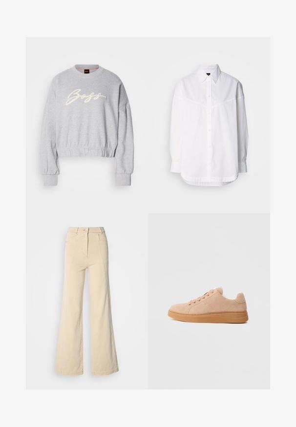 Sweatshirt court gris en tissu doux, présentant un logo "Boss" brodé en blanc sur le devant et des poignets élastiques aux manches et à l'ourlet.; Chemise blanche à manches longues en coton, dotée d'un col boutonné, de boutons sur le devant et d'une coupe décontractée avec des détails de couture subtils.; Jeans beige à jambes larges avec taille haute, poches avant, et couture contrastée, dotés d'une fermeture à bouton et d'une texture en coton lisse.; Baskets en daim beige avec une doublure douce, comportant six œillets de laçage et une semelle en caoutchouc texturée. Coutures renforcées le long des bords.